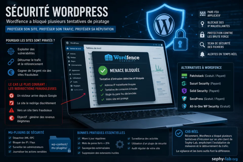 Illustration de sécurité WordPress avec Wordfence bloquant des tentatives de piratage
