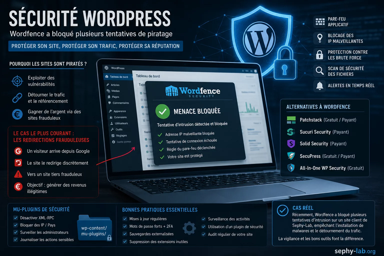 Illustration de sécurité WordPress avec Wordfence bloquant des tentatives de piratage