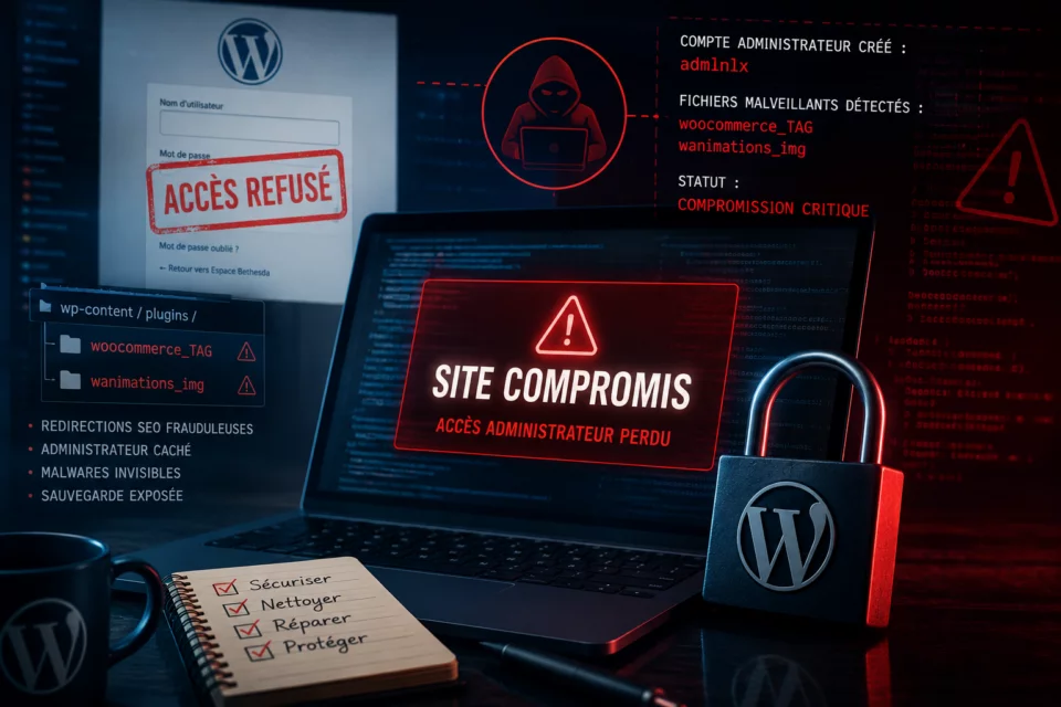 Site WordPress compromis avec accès administrateur perdu, malwares et redirections frauduleuses