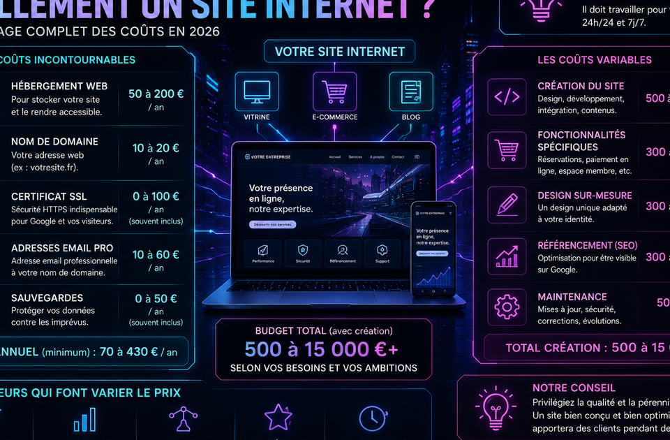 Infographie décomposant le coût réel d'un site internet : nom de domaine, hébergement, création, contenu, SEO et maintenance annuelle.