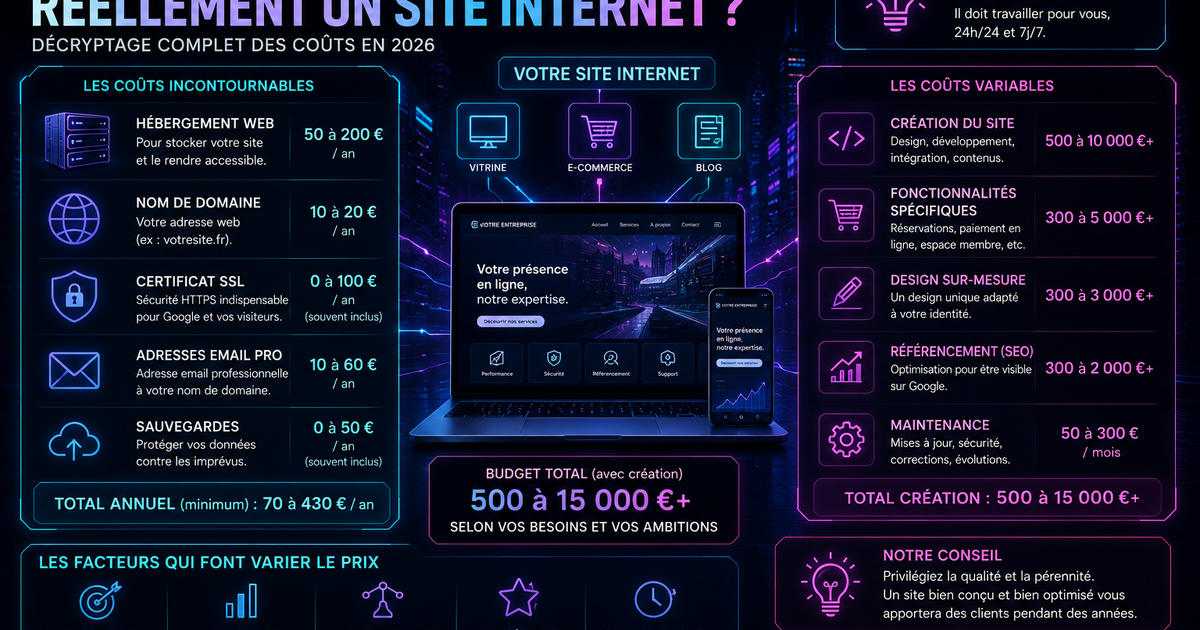 Infographie décomposant le coût réel d'un site internet : nom de domaine, hébergement, création, contenu, SEO et maintenance annuelle.