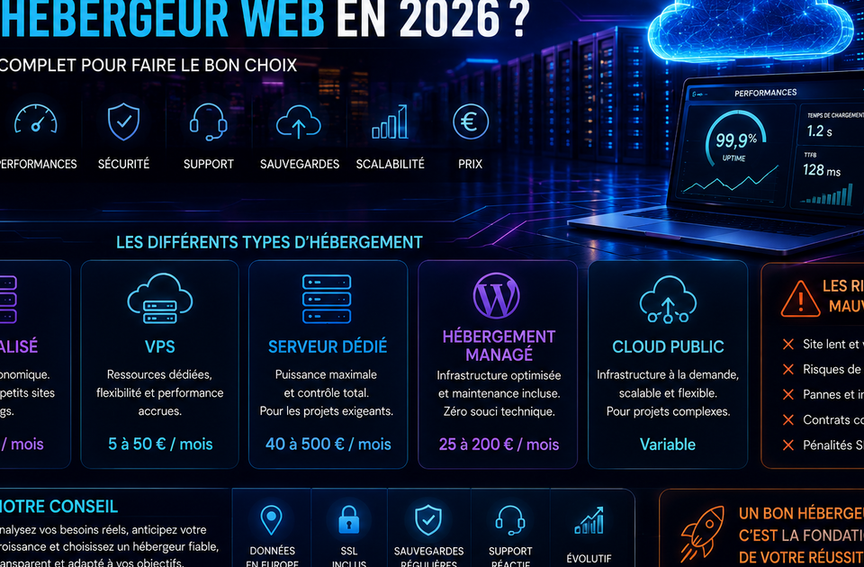 Illustration des critères de choix d'un hébergeur web en 2026 : vitesse, sécurité, support, prix et localisation des données.