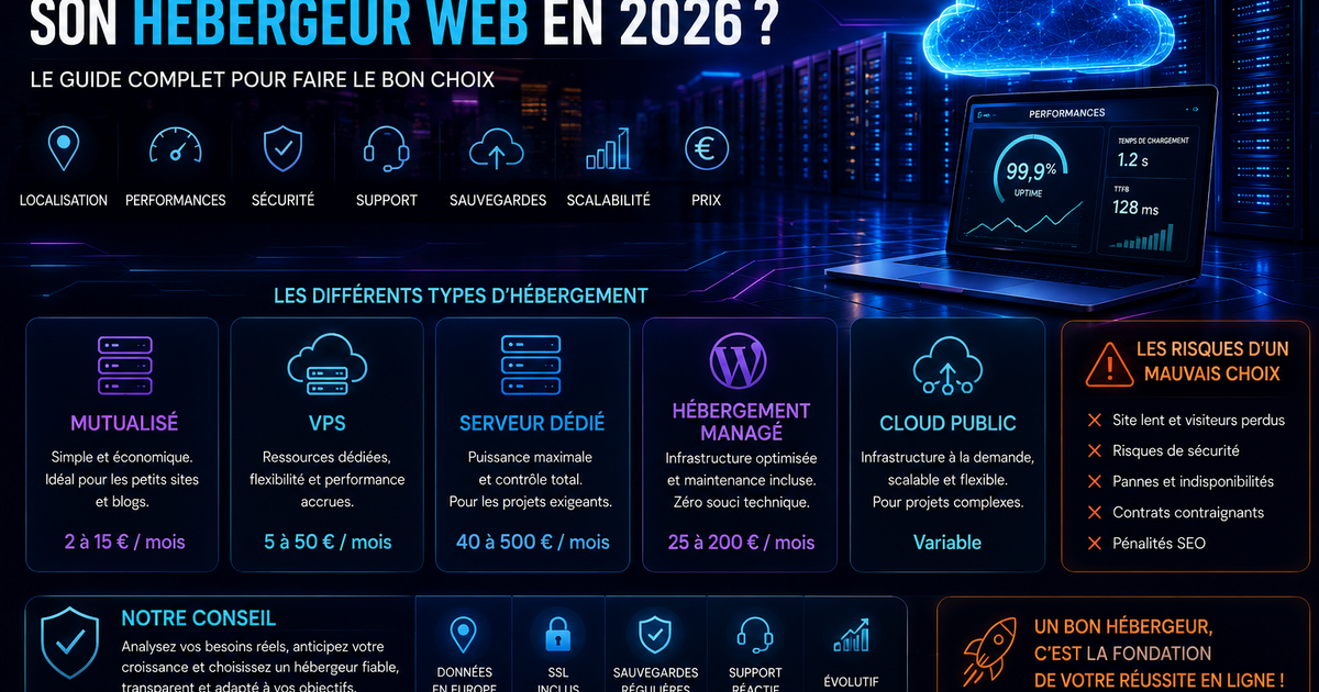 Illustration des critères de choix d'un hébergeur web en 2026 : vitesse, sécurité, support, prix et localisation des données.