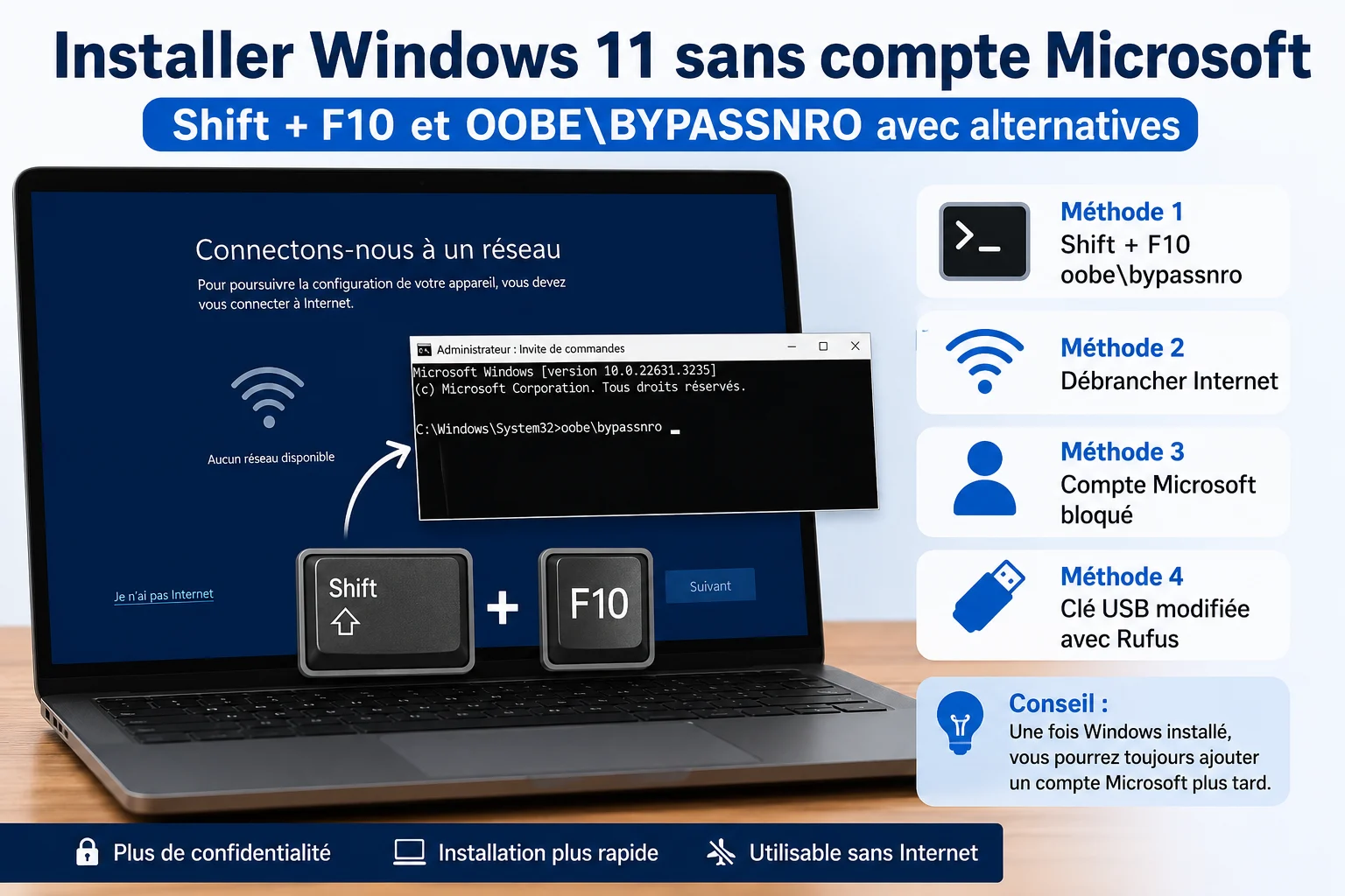 Installer Windows 11 sans connexion Internet méthode Shift + F10 et alternatives