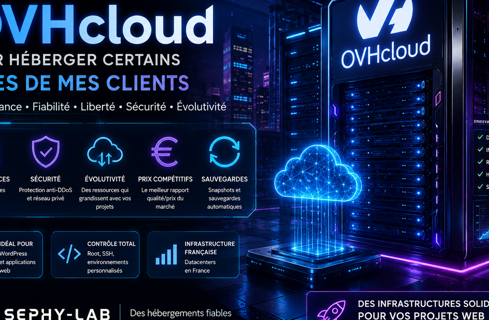Tableau de bord OVHcloud affichant des VPS configurés pour l'hébergement de sites clients professionnels WordPress.