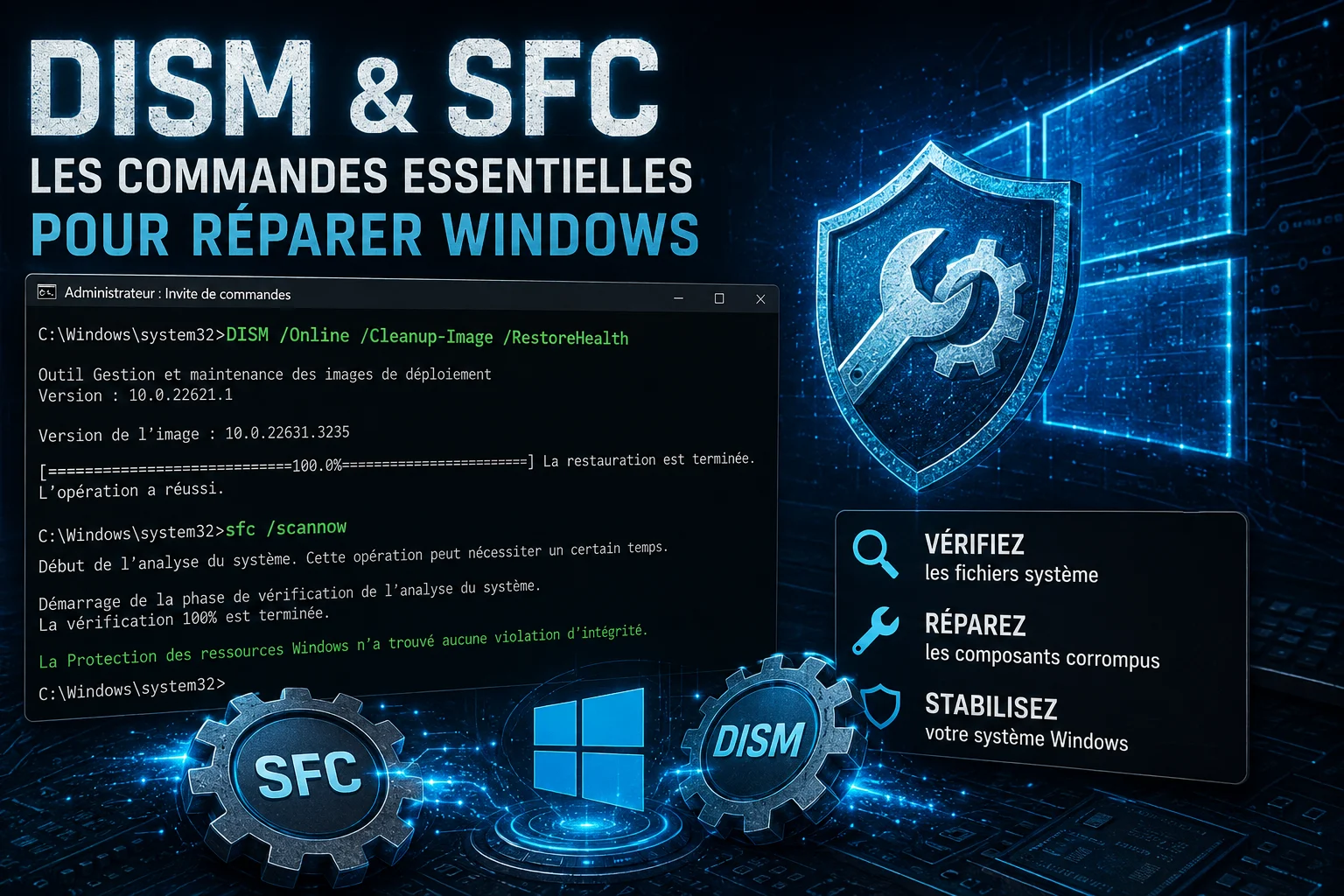 Invite de commandes Windows ouverte en mode administrateur avec les commandes DISM et SFC pour réparer les fichiers système corrompus.