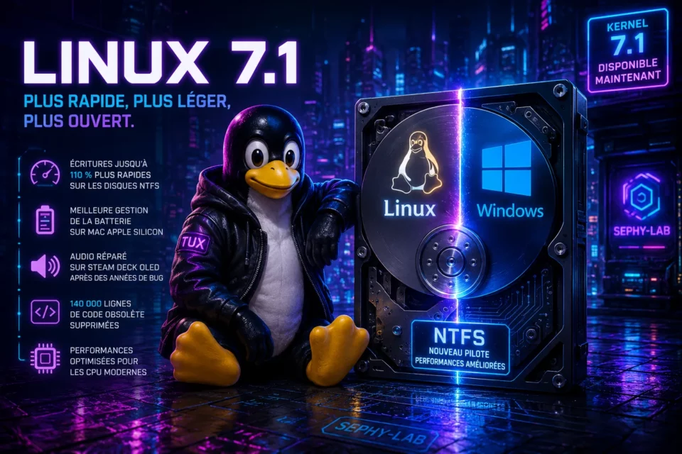 Affichage des améliorations Linux 7.1 sur un écran avec logo Steam Deck OLED