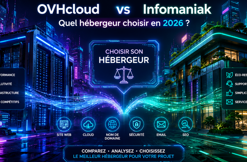 Comparatif OVHcloud vs Infomaniak : deux hébergeurs européens face à face — infrastructure, tarifs, écologie et support en 2026.