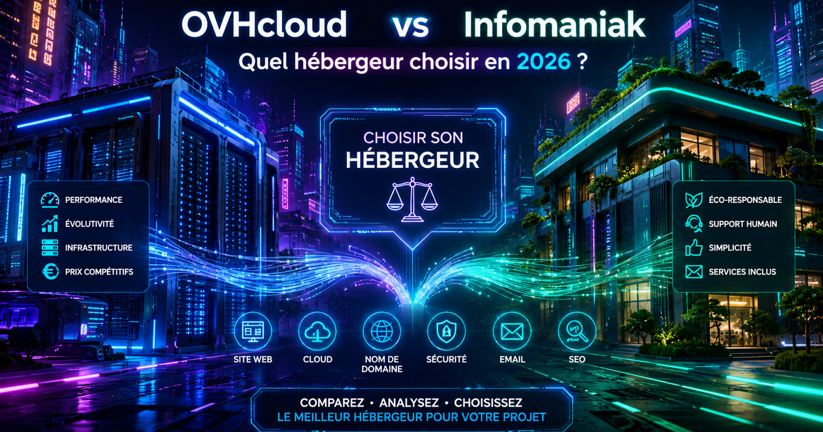 Comparatif OVHcloud vs Infomaniak : deux hébergeurs européens face à face — infrastructure, tarifs, écologie et support en 2026.