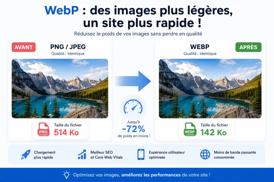Illustration montrant la conversion d’images JPEG et PNG vers le format WebP pour un site web plus rapide.
