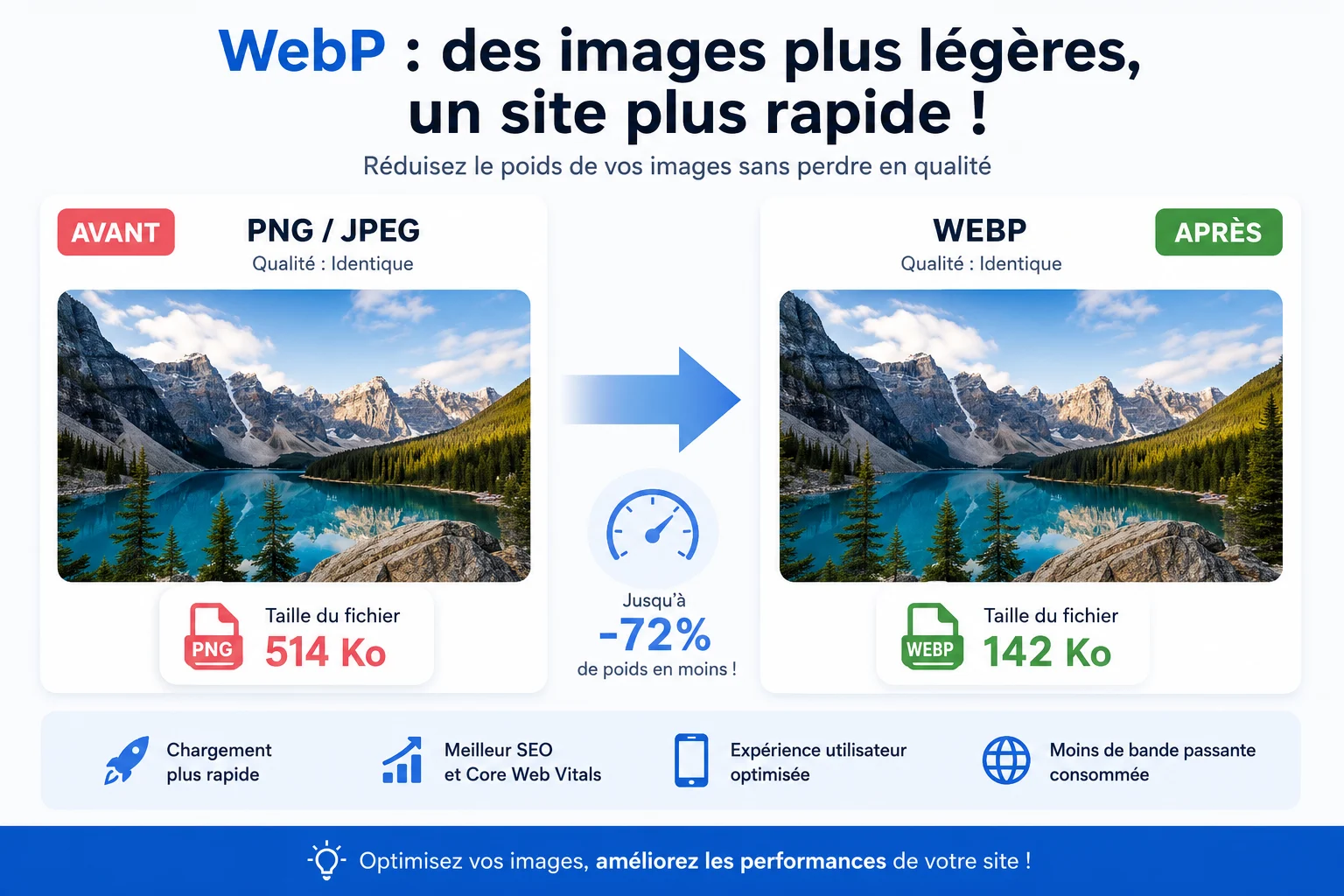Illustration montrant la conversion d’images JPEG et PNG vers le format WebP pour un site web plus rapide.