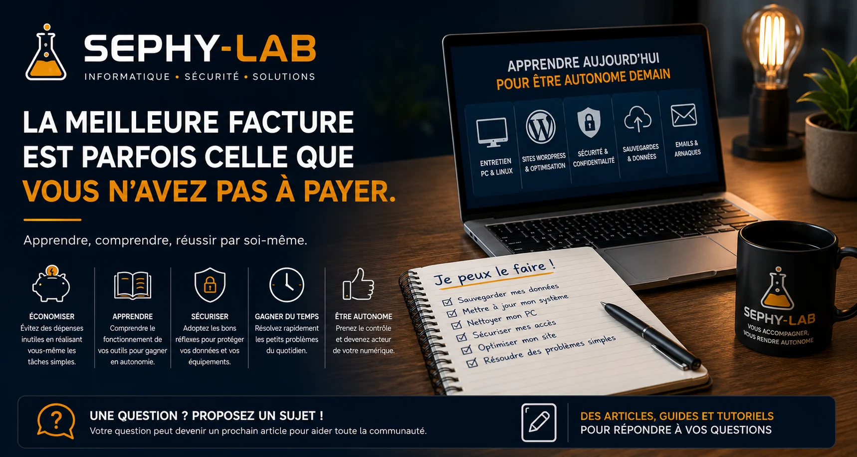 Visuel Sephy-Lab sur l’autonomie numérique, l’apprentissage et les conseils informatiques