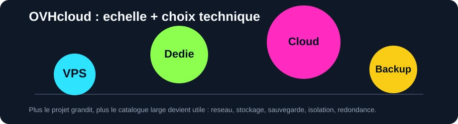 Illustration des usages OVHcloud : VPS, dédié, cloud et sauvegarde.