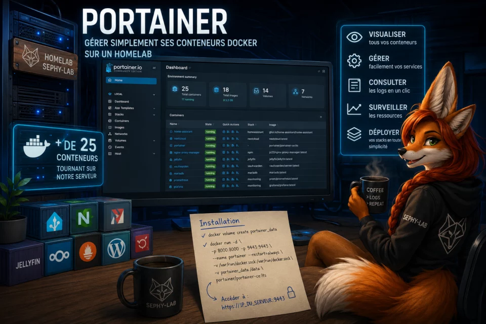 Interface Portainer affichant le dashboard d'un homelab avec plus de 25 conteneurs Docker actifs