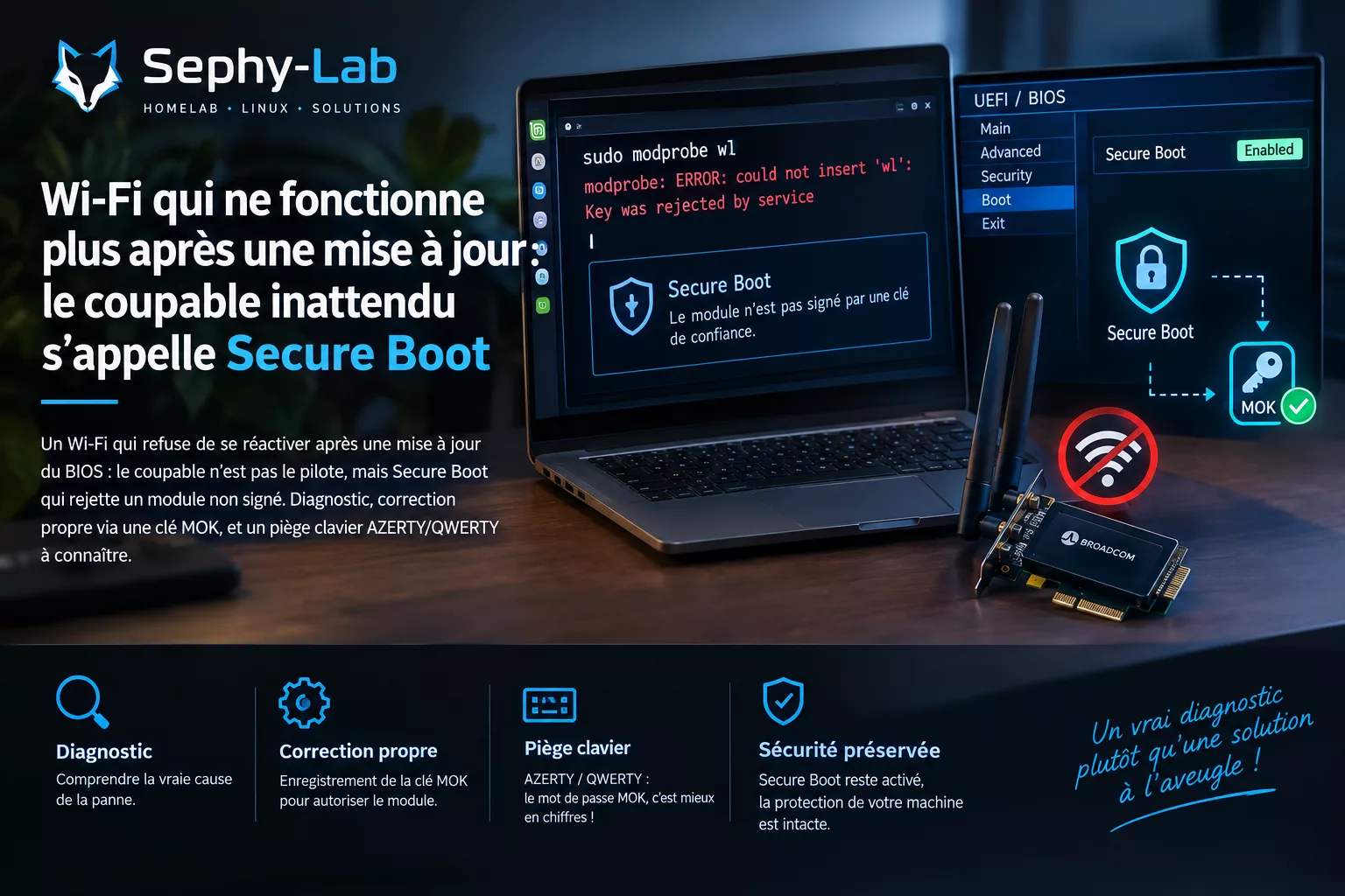 Wi-Fi bloqué par Secure Boot sous Linux Mint, réparé via une clé MOK et le pilote Broadcom wl